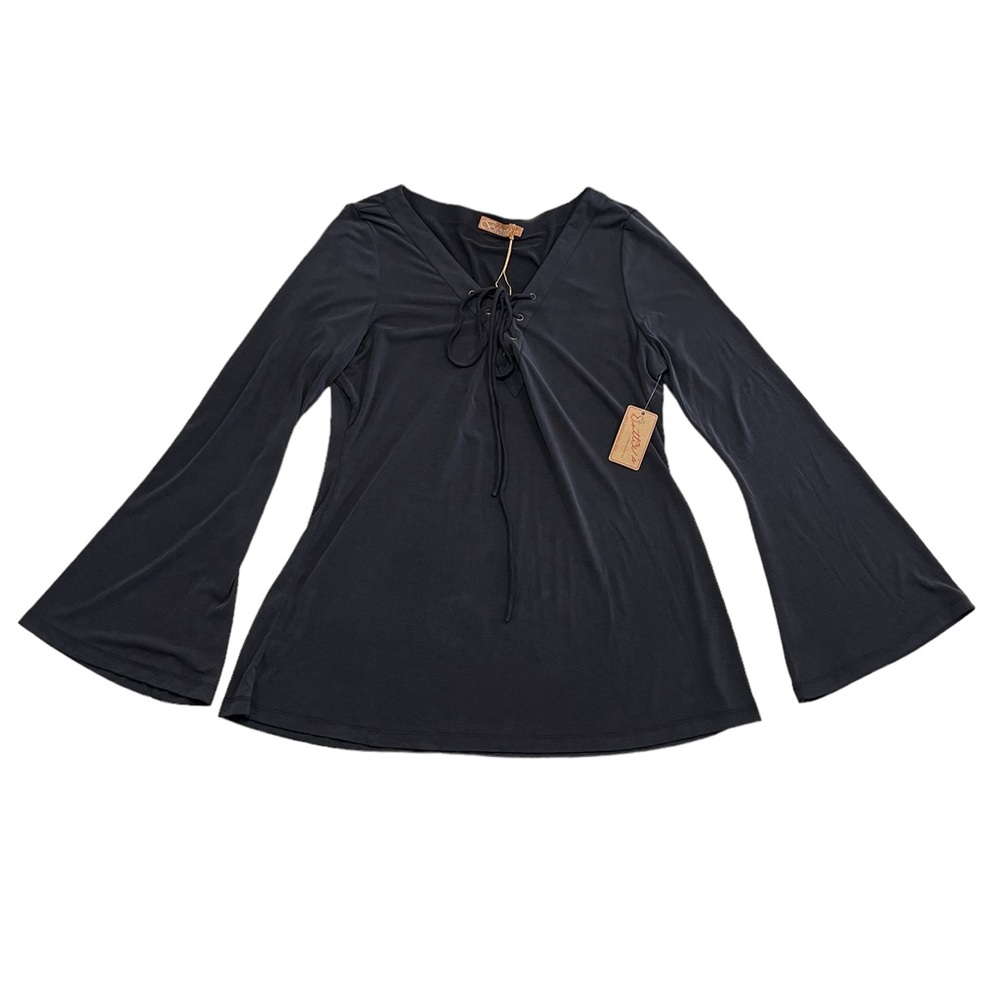 NWT Brontë Charcoal Long Sleeve Bell Shirt With Lace Up Neck Size L